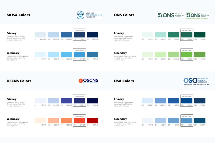 Brand color palettes for MOSA, ONS, OSCNS, and OSA