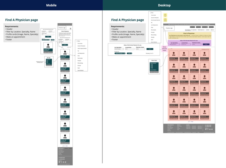 Find a Physician page wireframes for mobile and desktop