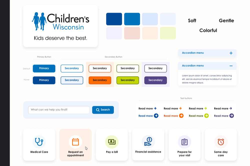Children's Wisconsin design system: colors, buttons, accordions, and content cards