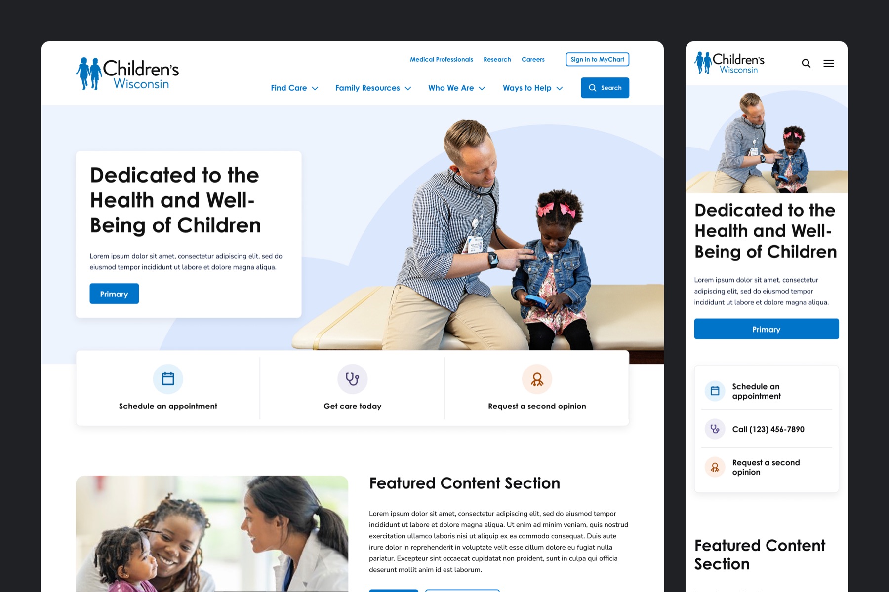 Children's Wisconsin homepage shown on desktop and mobile