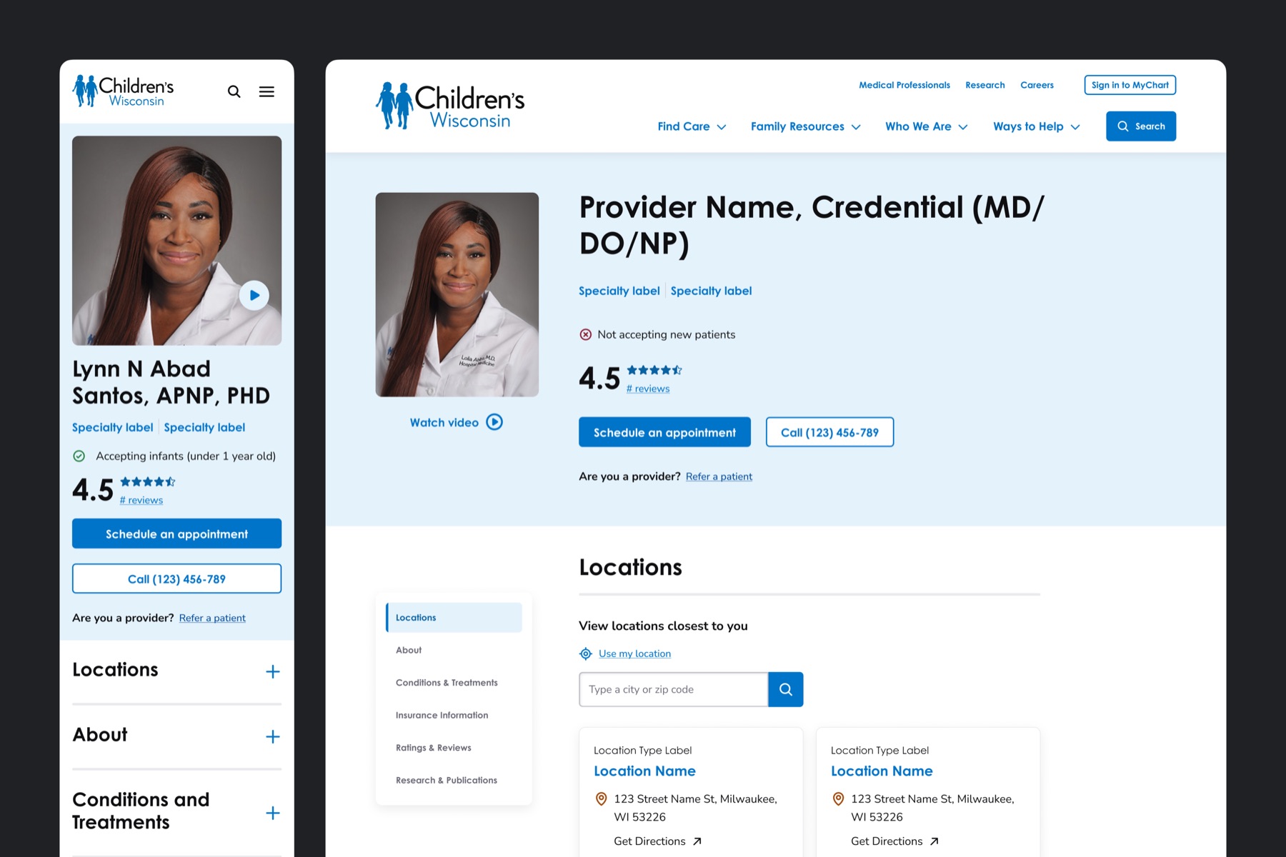 Children's Wisconsin provider profile page shown on desktop and mobile