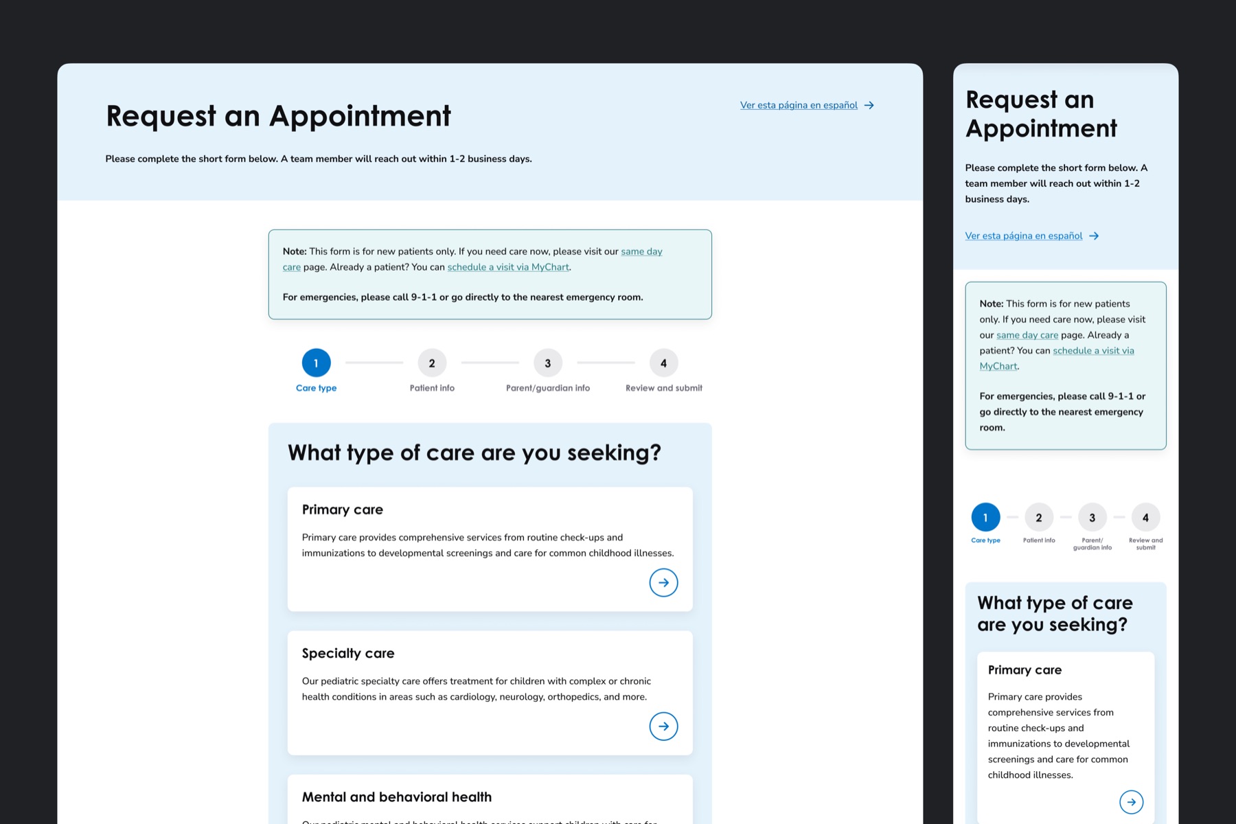 Children's Wisconsin request an appointment flow shown on desktop and mobile