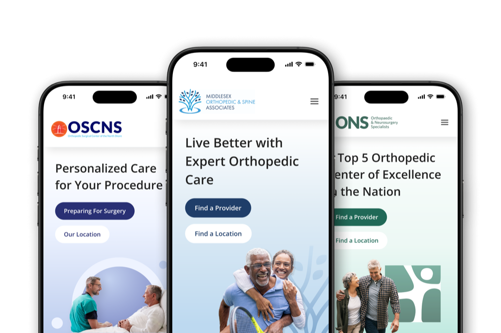 Middlesex Orthopedic & Spine Associates, OSCNS, and ONS practice websites shown on mobile phones