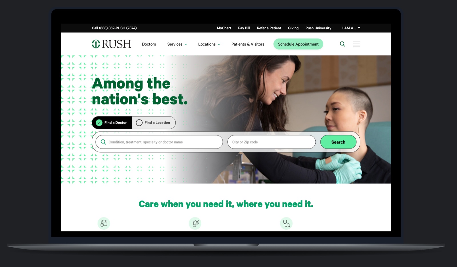 Rush University Medical Center homepage shown on a laptop
