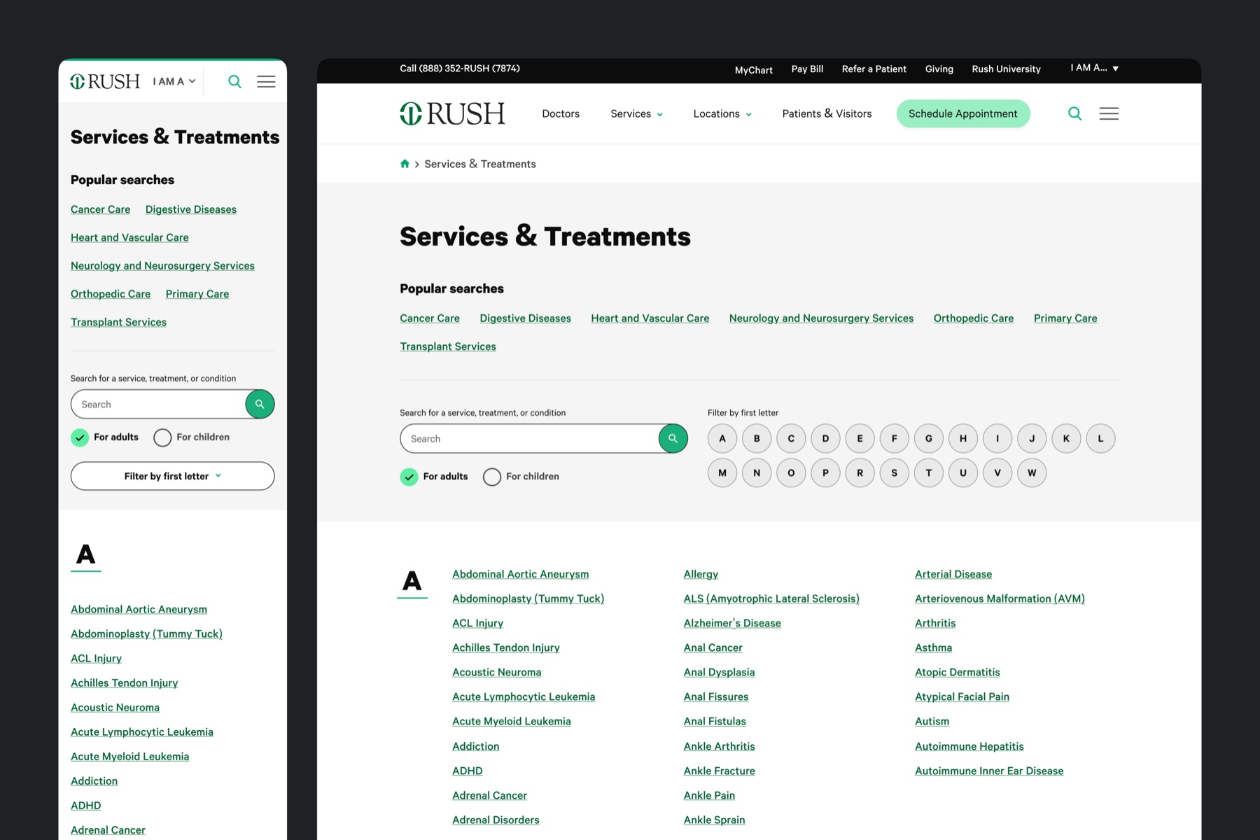 Rush Services & Treatments directory shown on desktop and mobile
