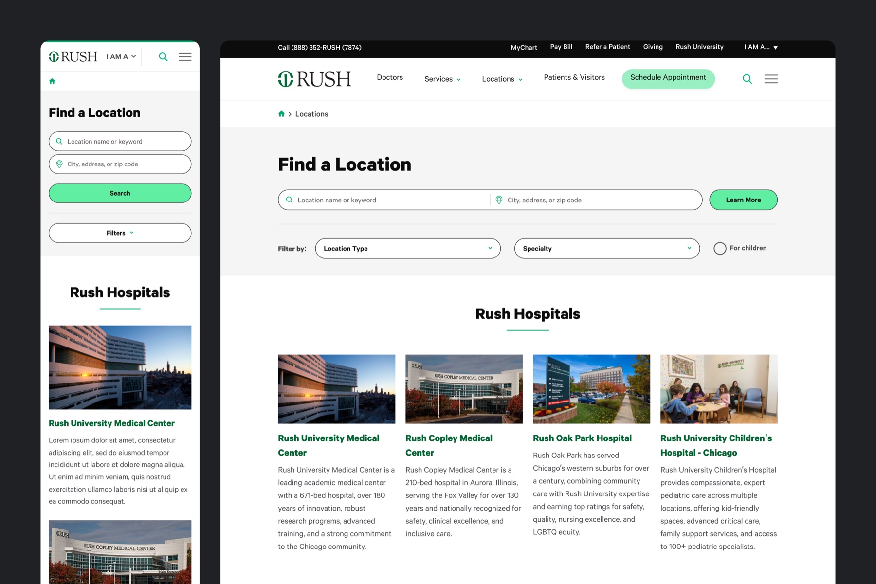 Rush Find a Location page shown on desktop and mobile