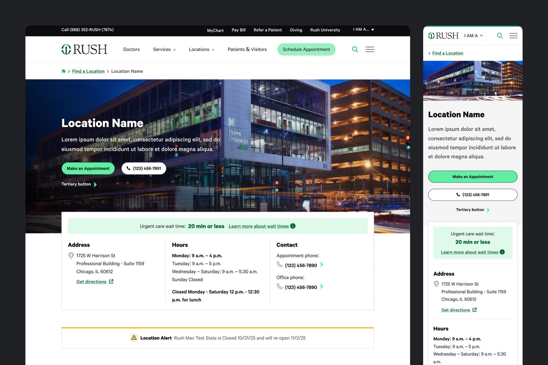 Rush location detail page shown on desktop and mobile
